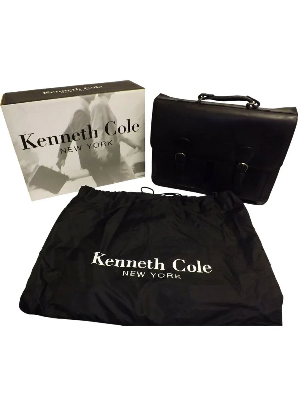 Kenneth Cole New York Black Gen Leather Laptop Briefcase W/ Dust Bag & Box New